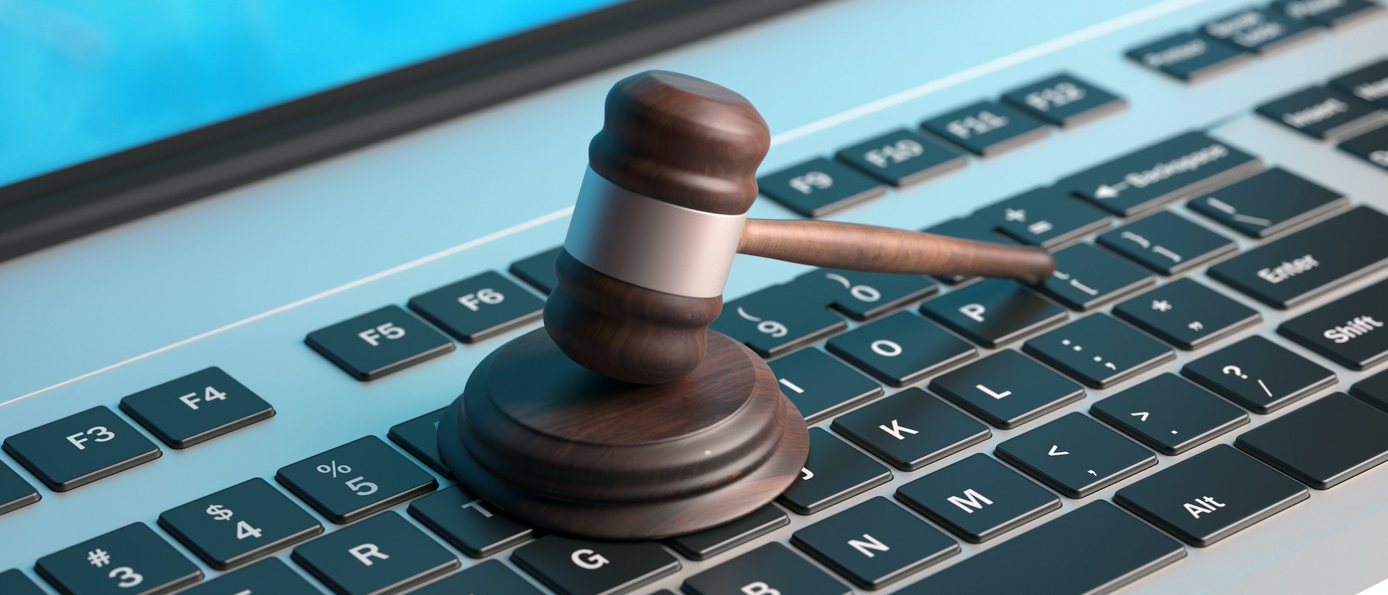 Online auction, law gavel on computer keyboard, banner, 3d illustration